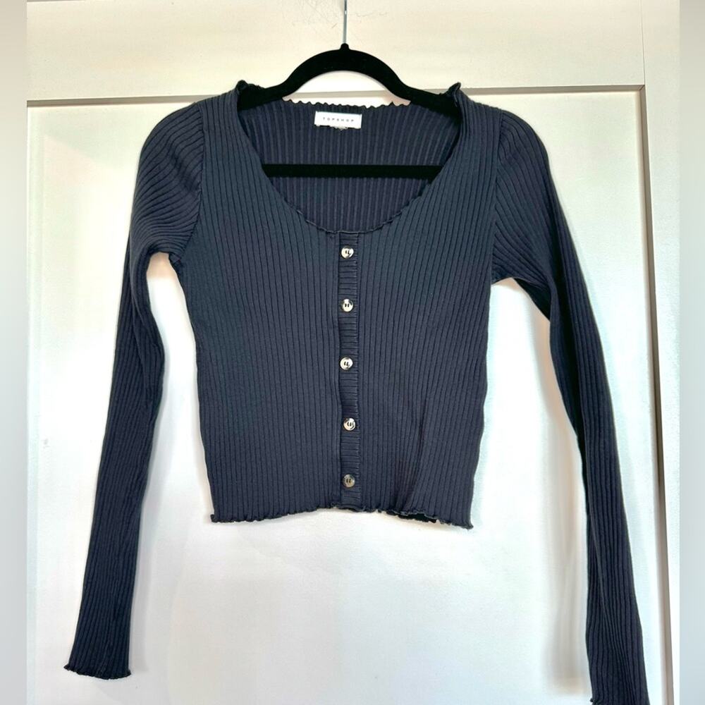Topshop Long Sleeve Scoop Neck Ribbed Scalloped Shirt Size 12
